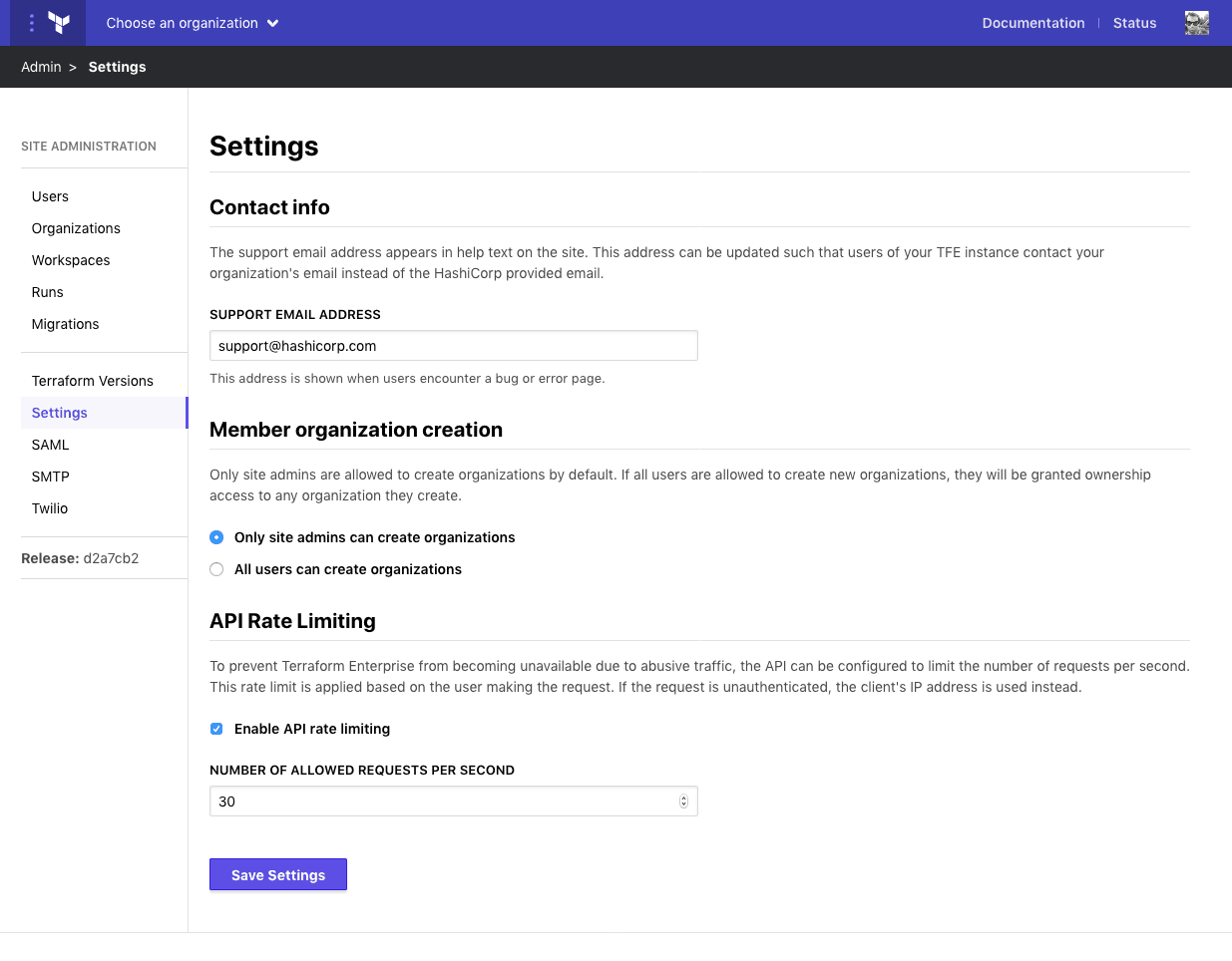 screenshot: the Settings admin page