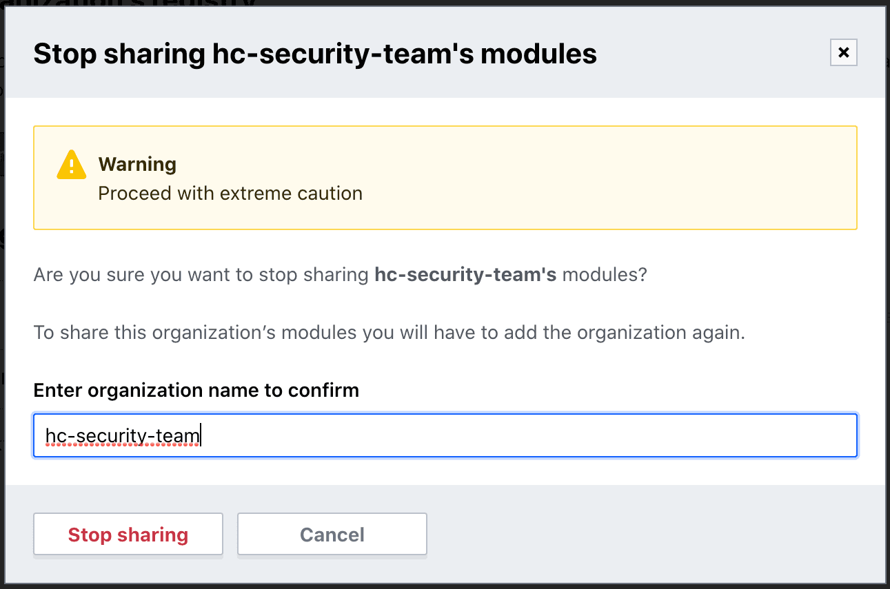 screenshot: confirmation dialogue to stop sharing modules