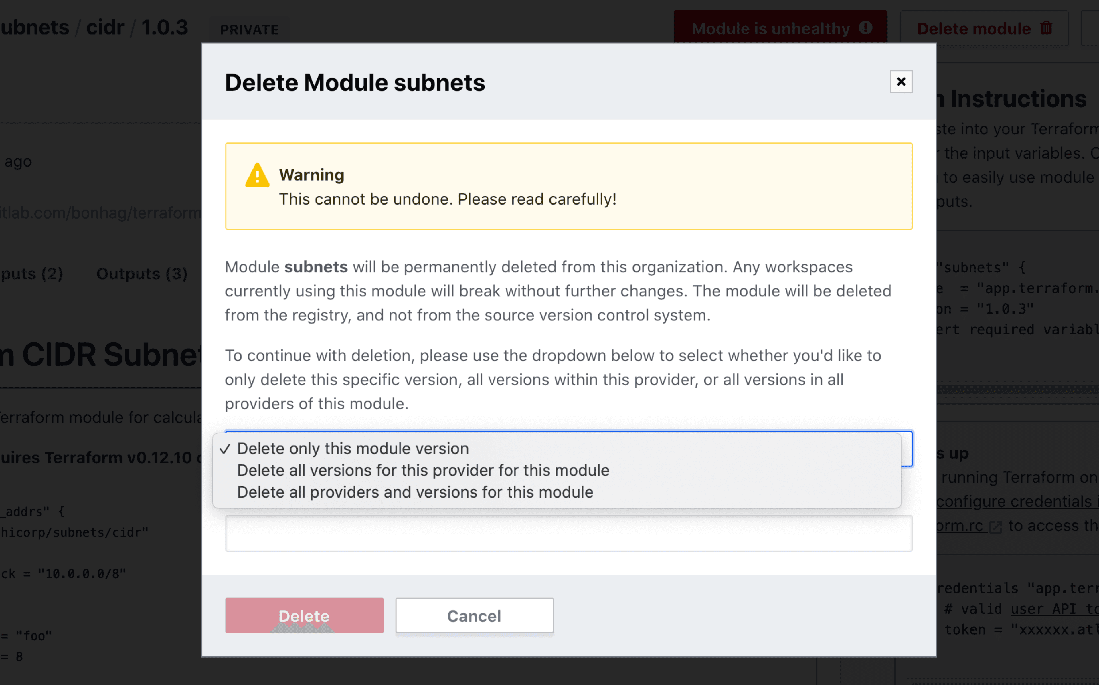 Terraform Cloud screenshot: the deletion dialog