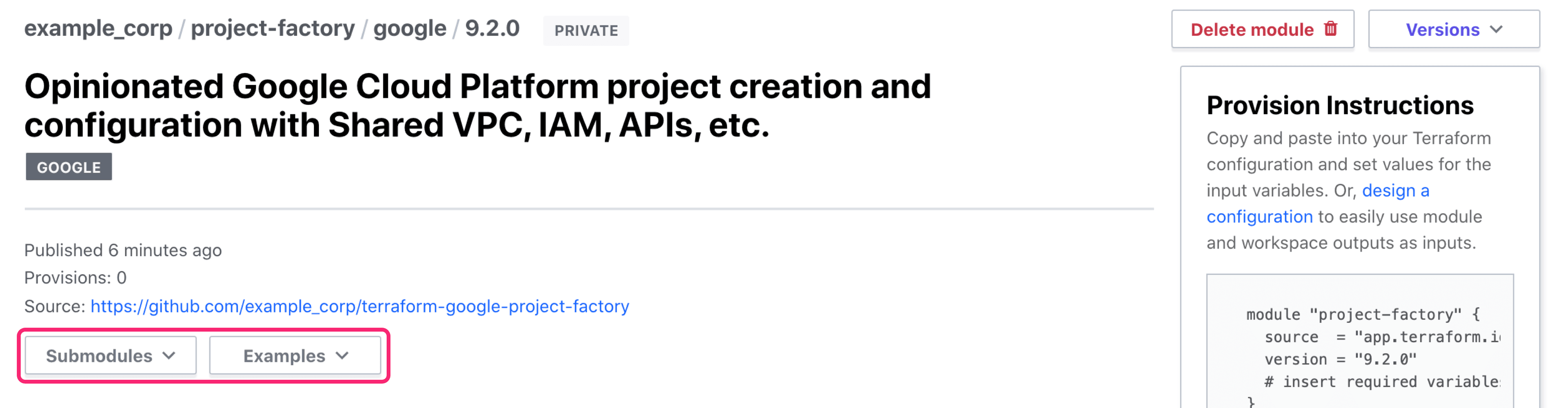 Terraform Cloud screenshot: a module submodules button