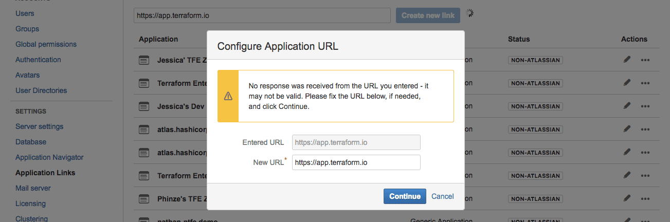 Bitbucket Server screenshot: confirming main URL