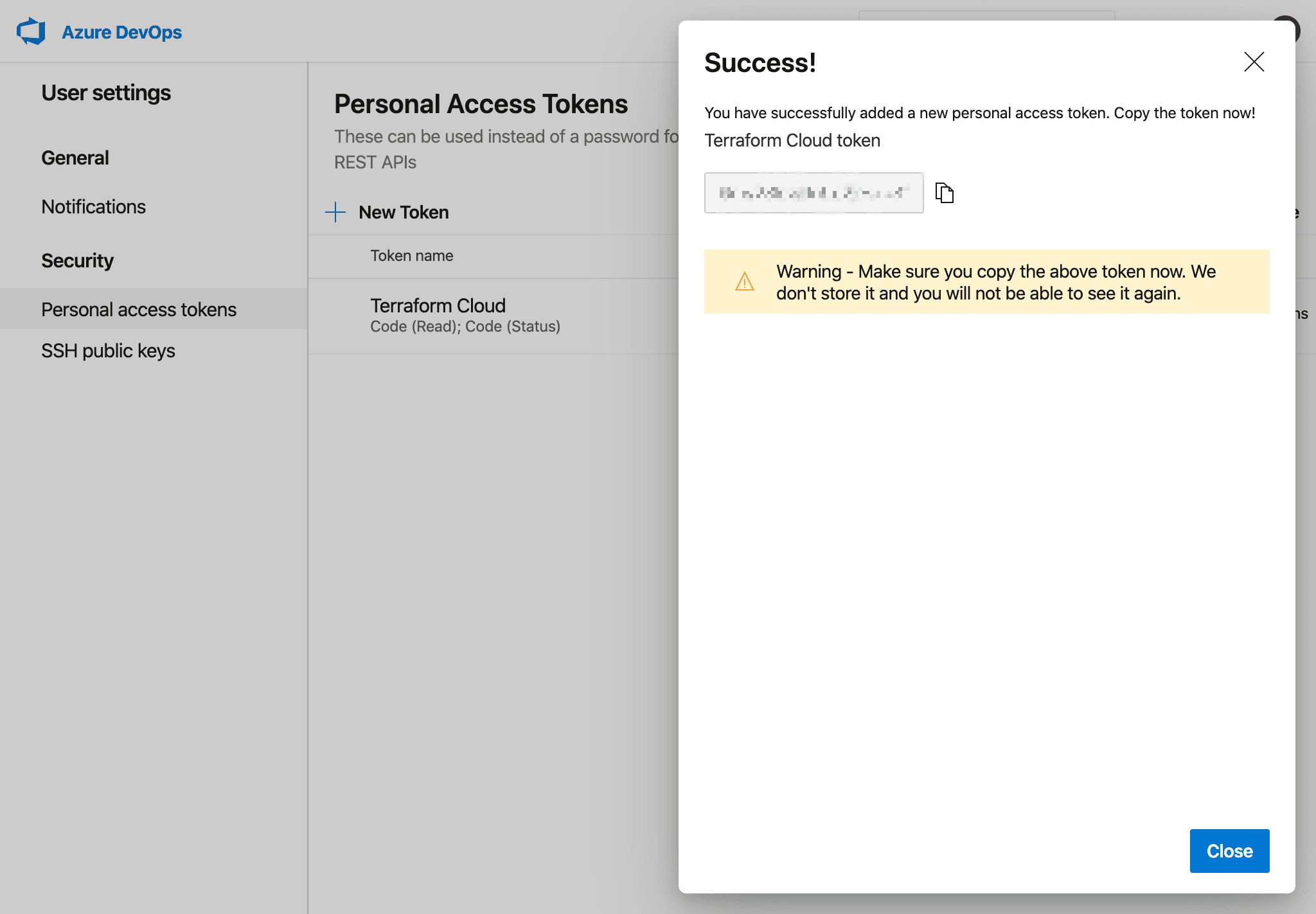 Azure DevOps Server Screenshot: Copy generated token