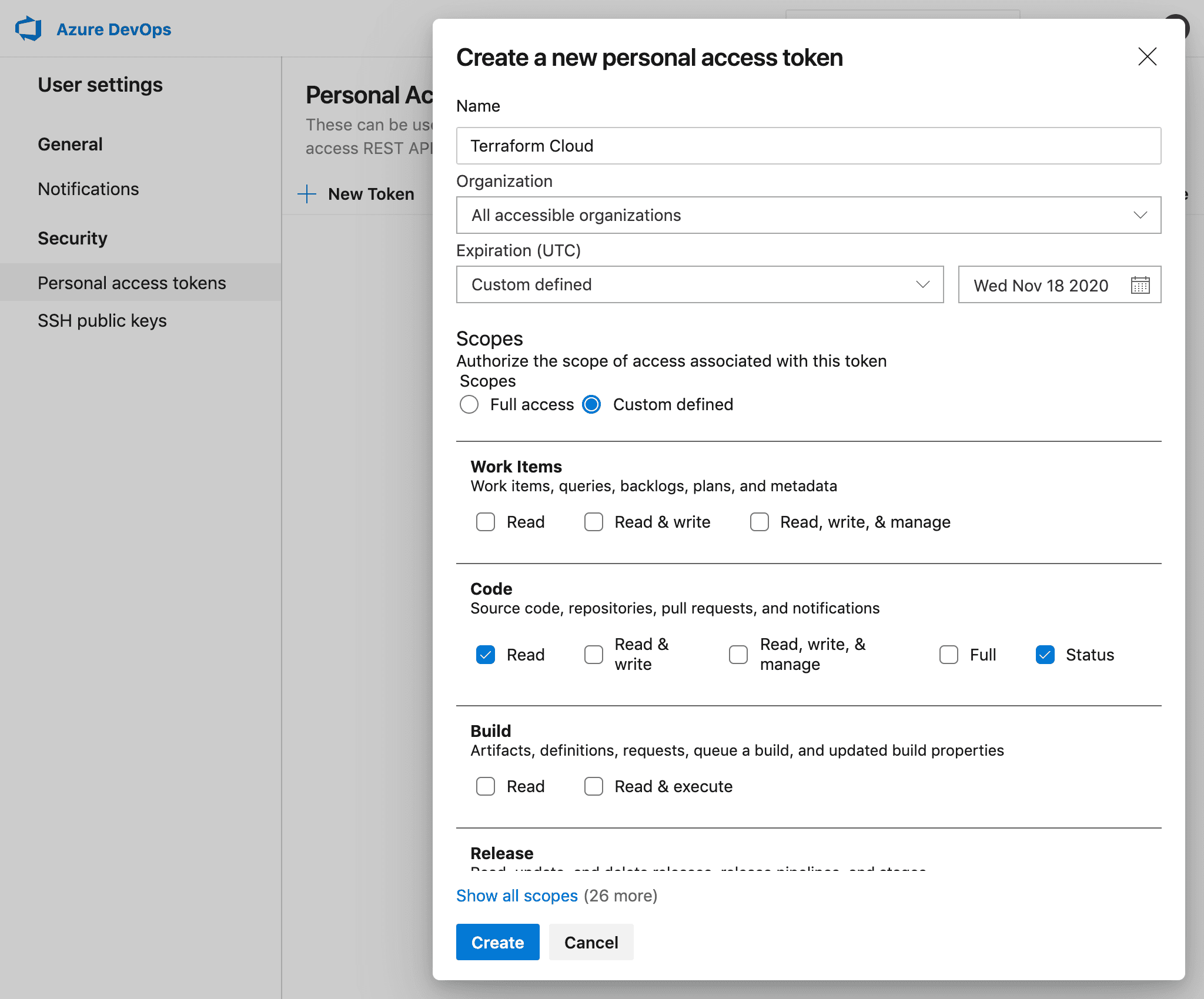 Azure DevOps Server Screenshot: Creating a new personal access token in your Azure DevOps Server Profile