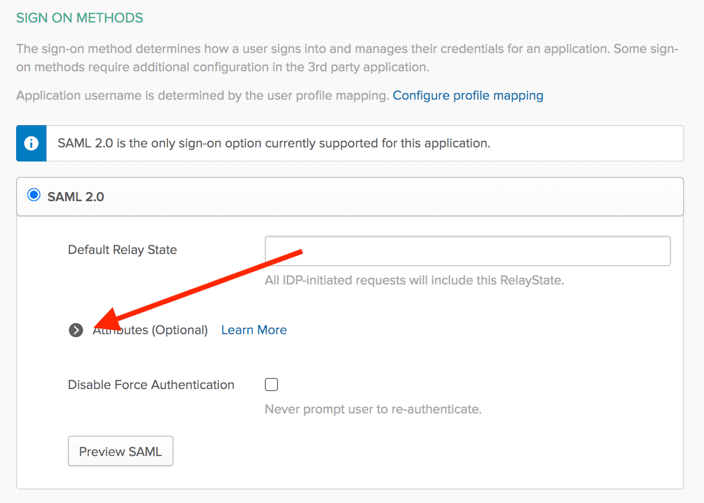 The button for expanding the customizable Attributes section in the Okta portal appears to the left of the text "Attributes (optional)"