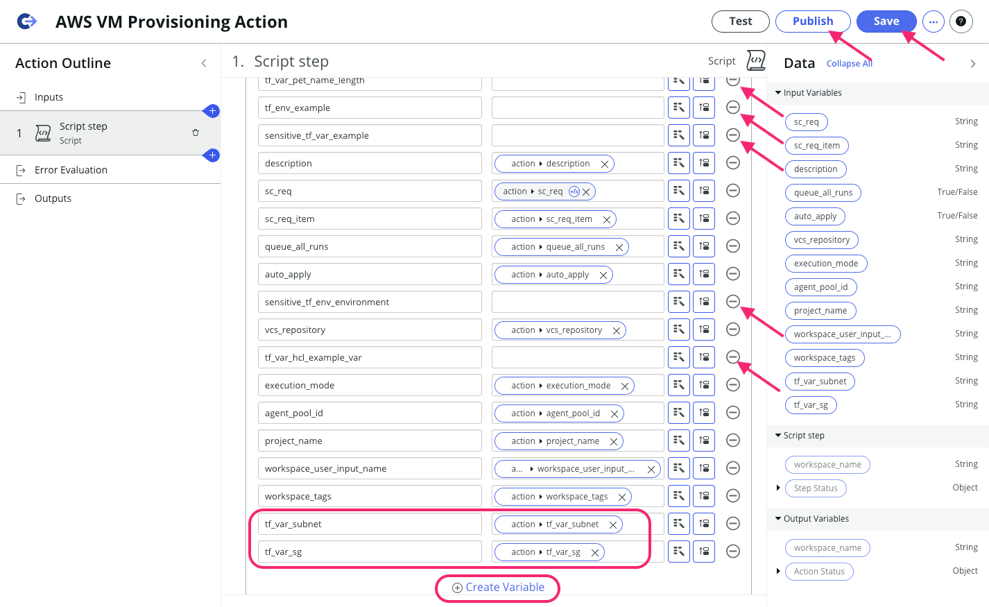 Screenshot: ServiceNow Add Script Step Variables To Action