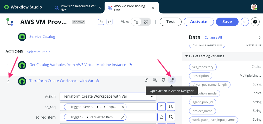 Screenshot: ServiceNow Open Action Designer