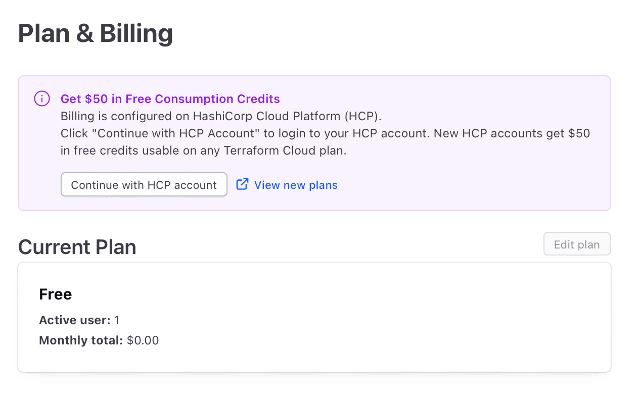 Screenshot: Notification that the user must link their HashiCorp Cloud Platform account to change their plan