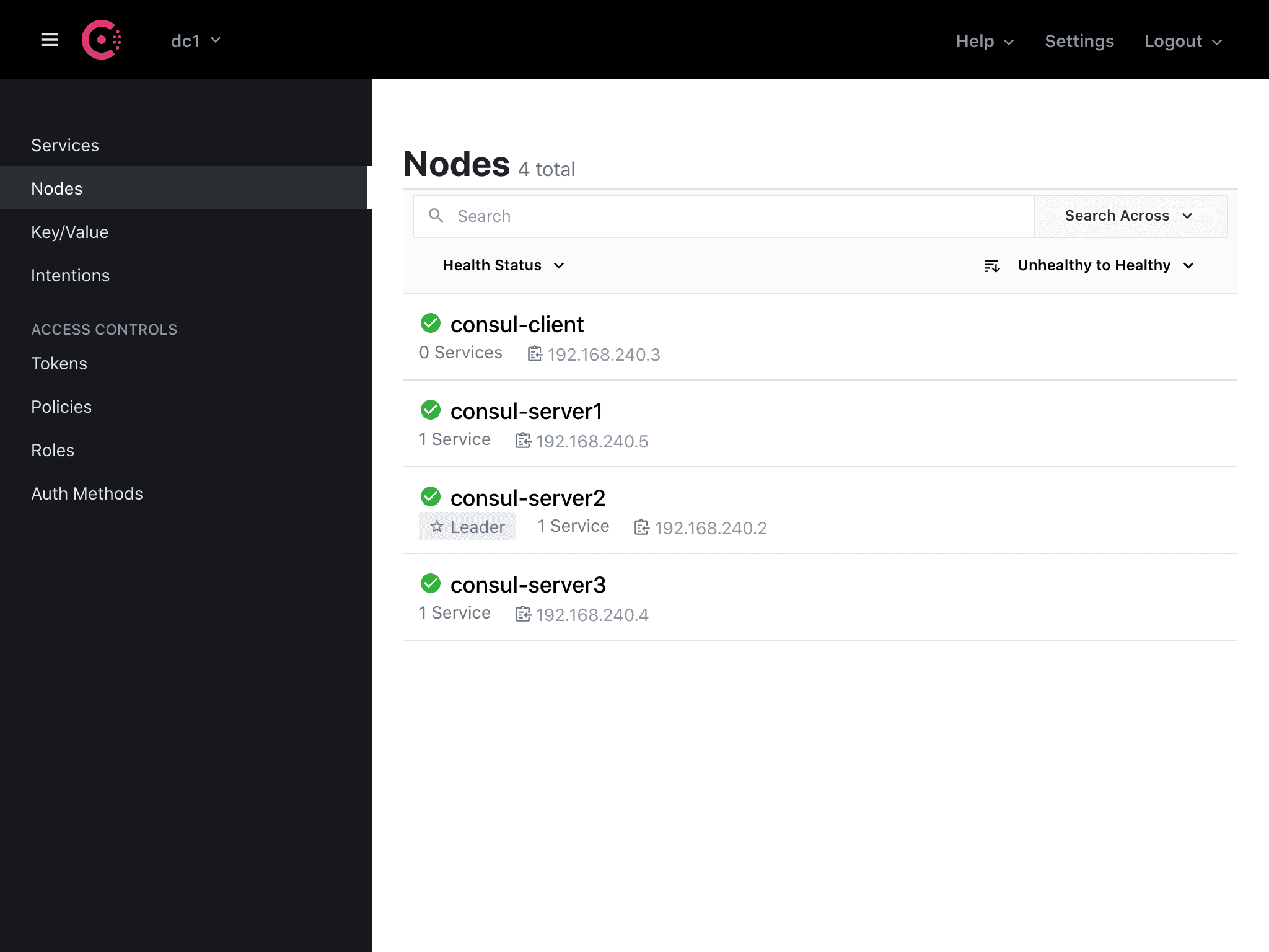 Image of Nodes page in Consul UI.