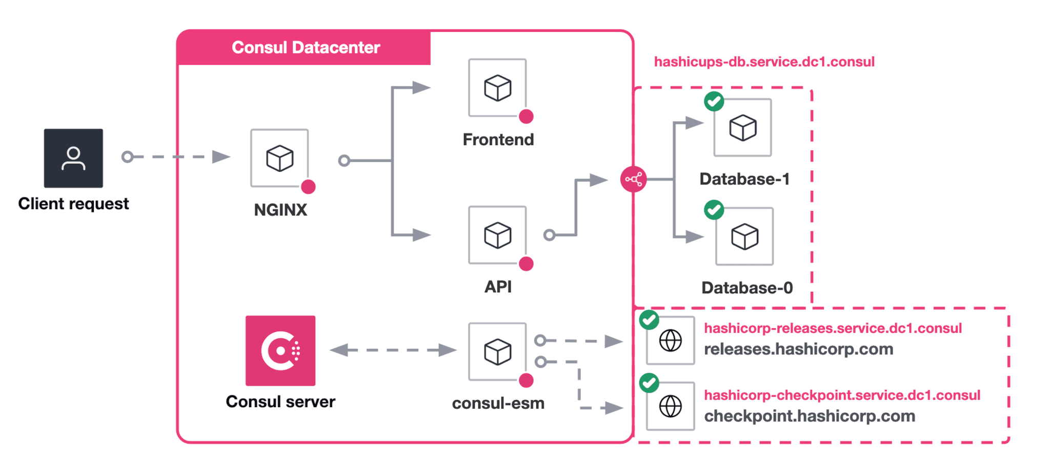 Architecture diagram. Consul ESM monitors the health of two HTTP endpoints and reports their status to the Consul server. Consul ESM resolves the endpoints through Consul DNS and the results of the health checks are registered with the Consul catalog.