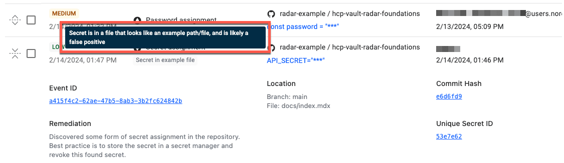 HCP Vault Radar false positive
notification