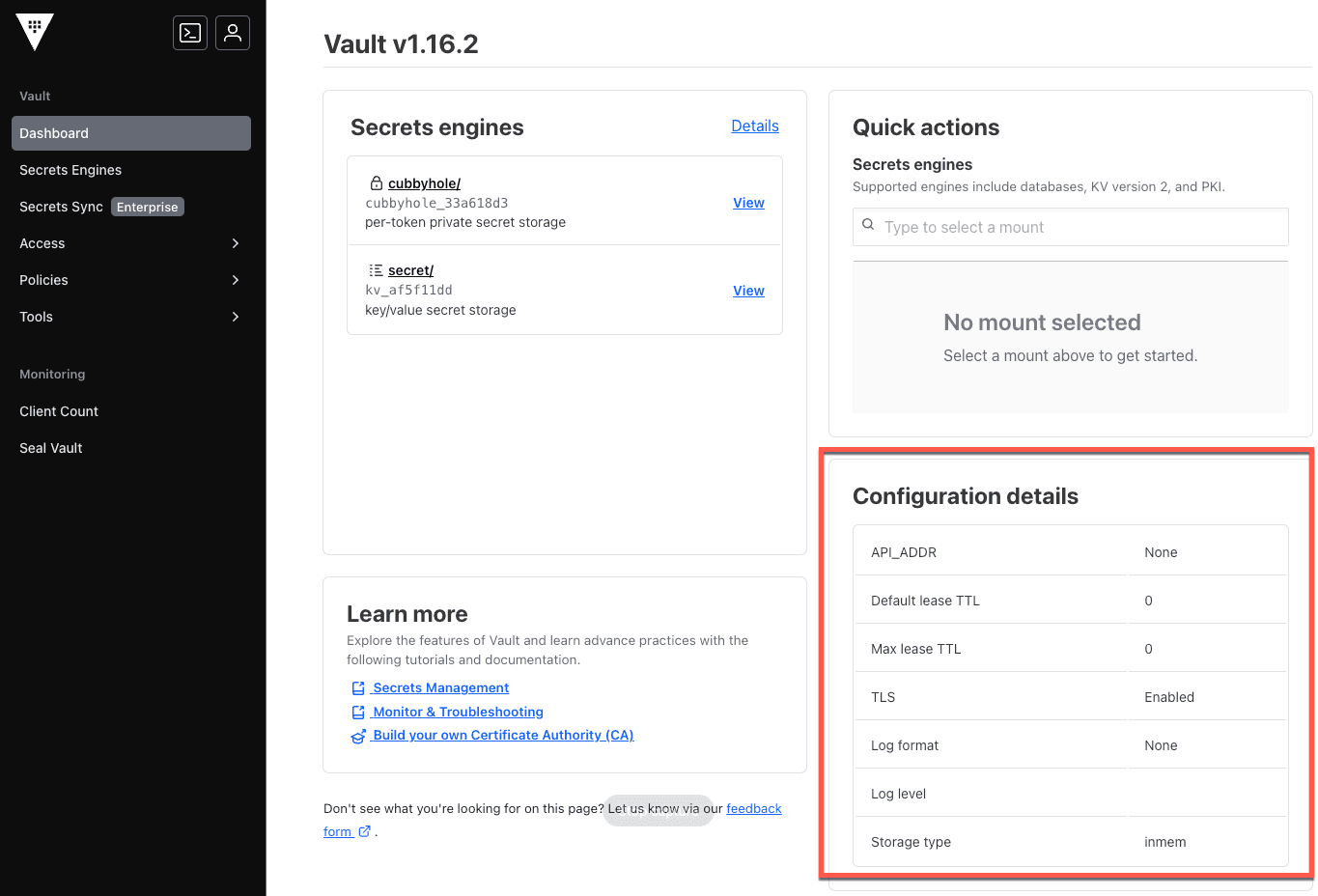 Vault server dashboard highlighting the server
configuration details
card