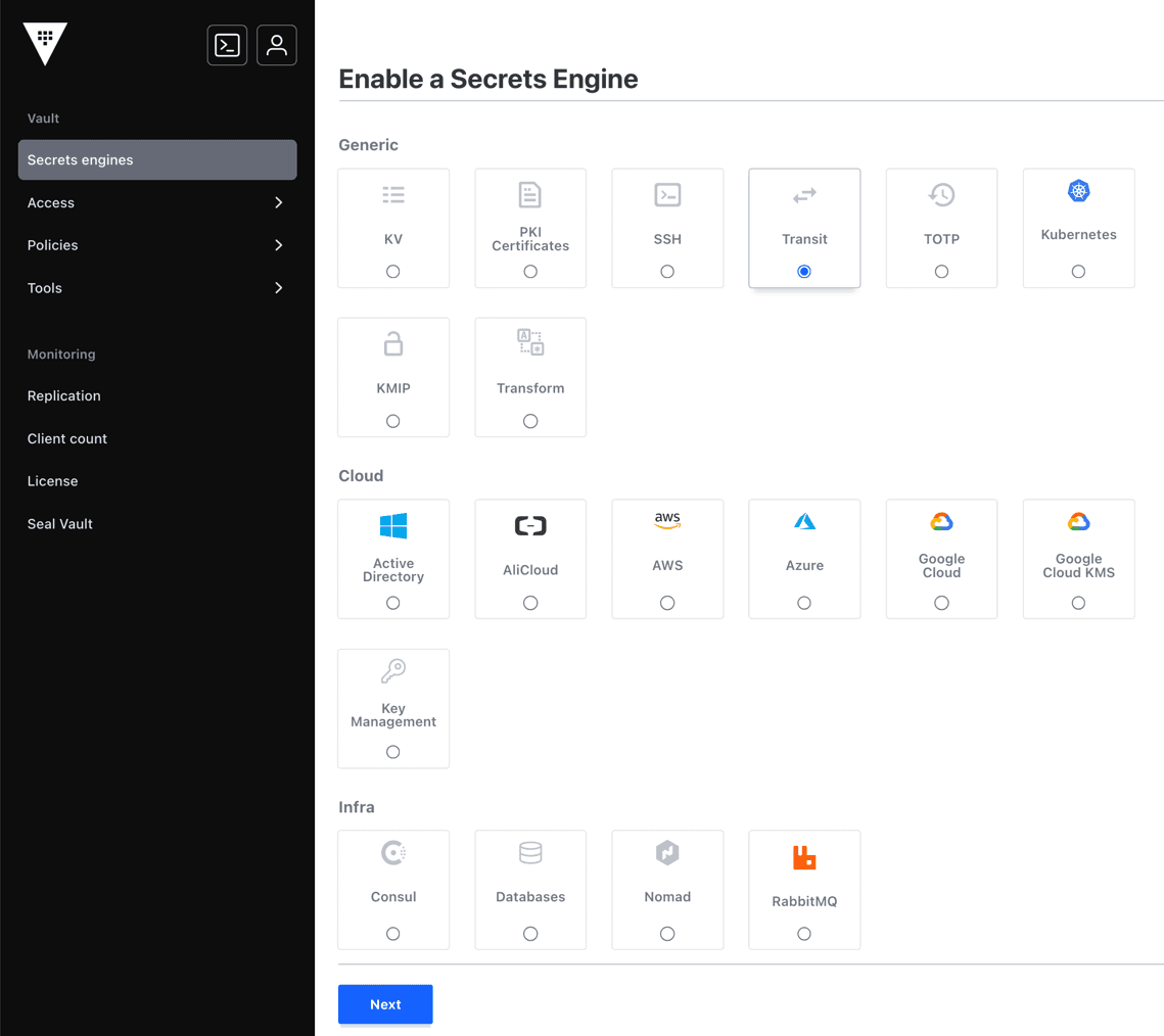 Select transit secrets engine